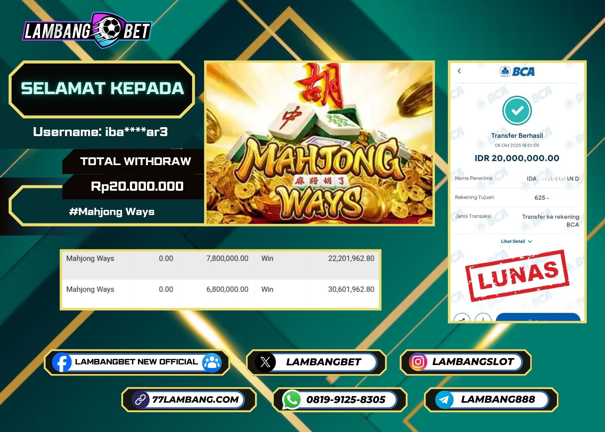 LAMBANGBET [6 OKTOBER 2025] JACKPOT SLOT Mahjong Ways "Rp20.000.000" LUNAS